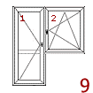 balkónové dveře + jednokřídlé okno (sestava) – 1) O, 2) OS